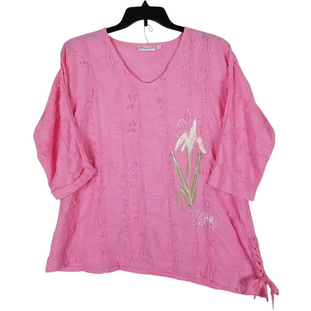 Lulu-B‎ Tunic Top Womens XL Pink Cotton Floral Embroidered Boho Lace Up 122S